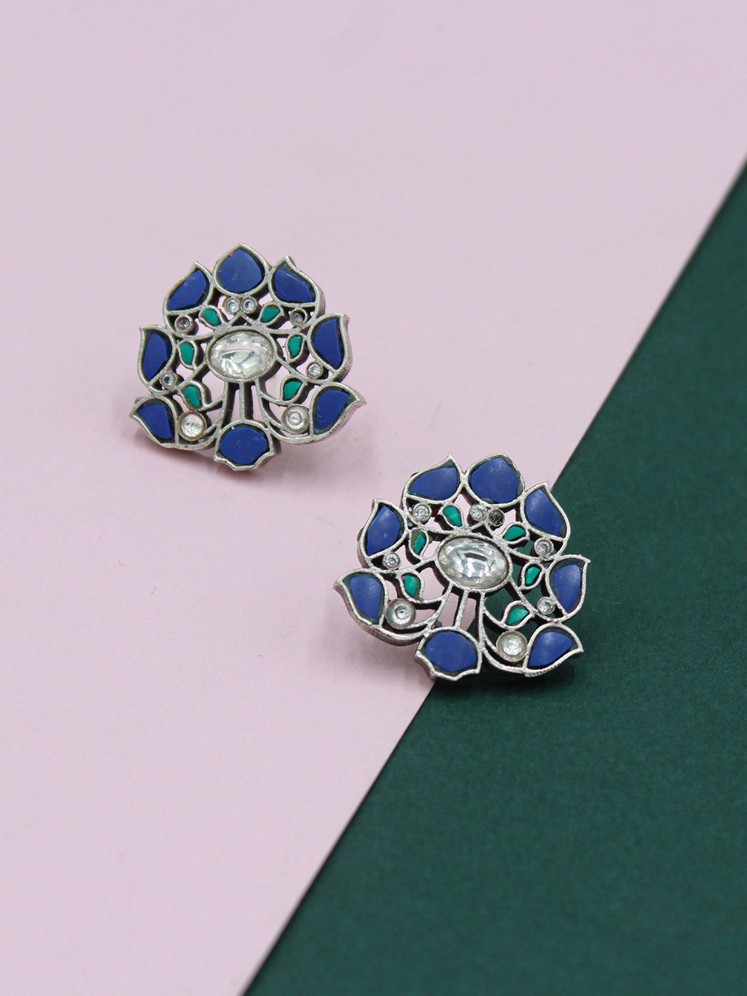 

SANGEETA BOOCHRA Silver Lapis Lazuli Studded Floral Studs Earrings, Blue