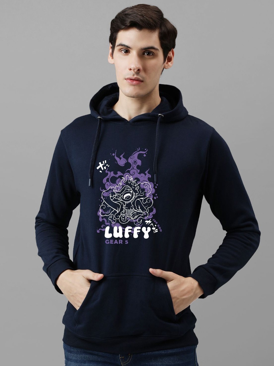 

ADRO Men Printed Hooded Pullover Sweatshirt, Navy blue