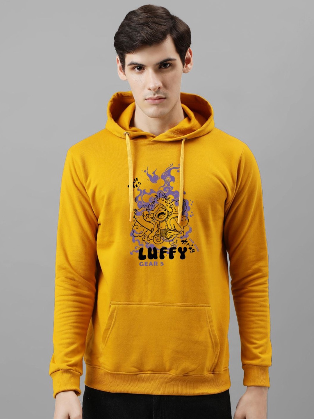 

ADRO Men Printed Hooded Pullover Sweatshirt, Mustard