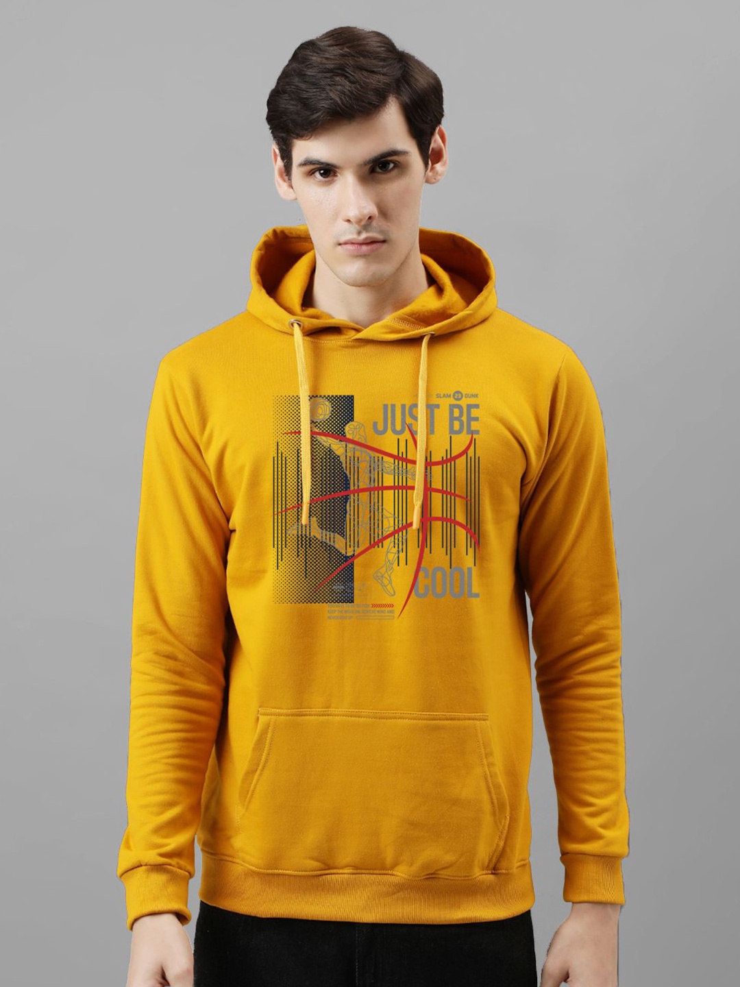 

ADRO Men Printed Hooded Sweatshirt, Mustard