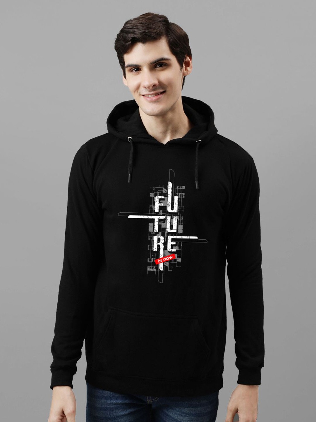 

ADRO Men Printed Hooded Pullover Sweatshirt, Black