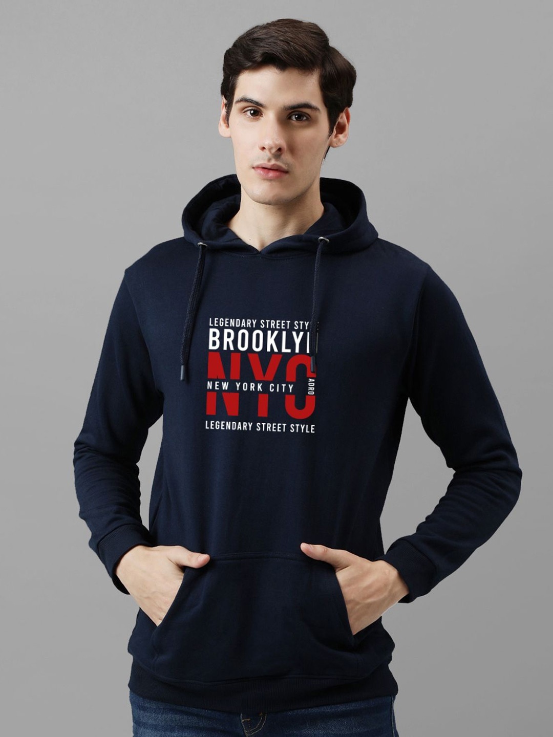 

ADRO Men Printed Hooded Pullover Sweatshirt, Navy blue