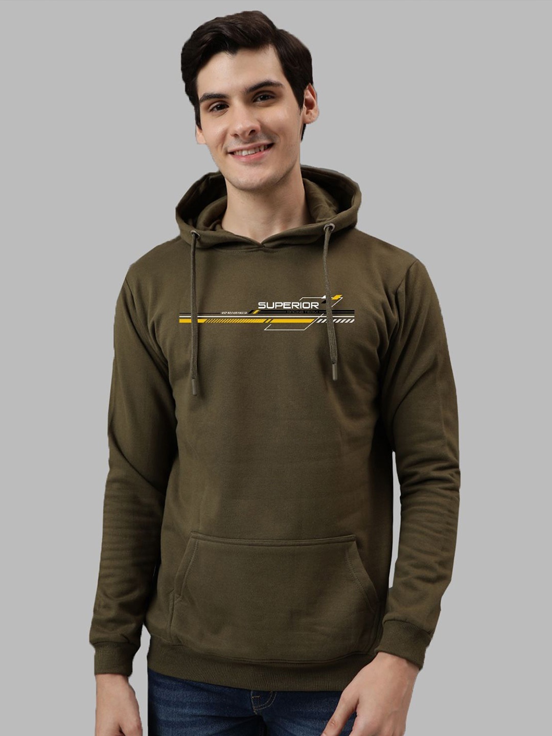 

ADRO Men Printed Hooded Pullover Sweatshirt, Olive