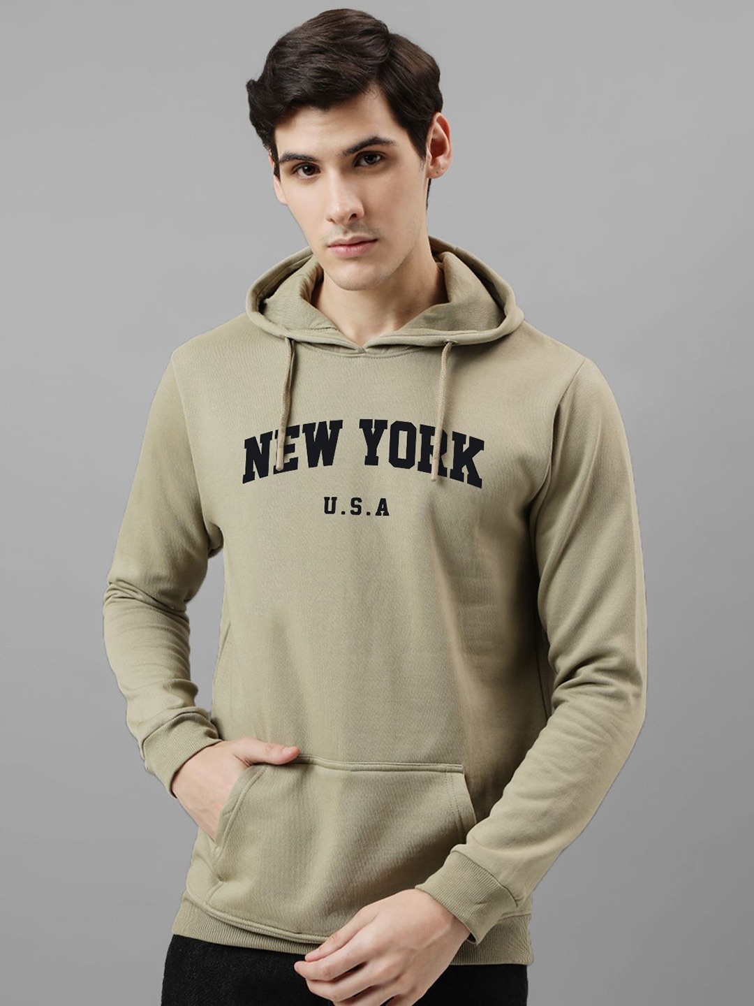 

ADRO Men Printed Hooded Pullover Sweatshirt, Beige