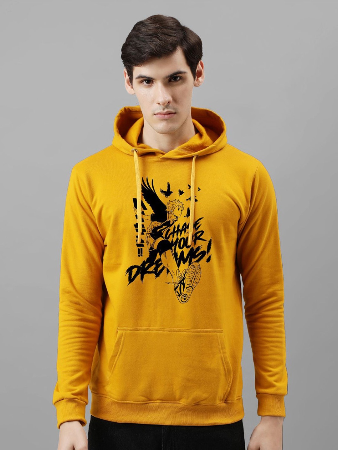 

ADRO Men Printed Hooded Pullover Sweatshirt, Mustard