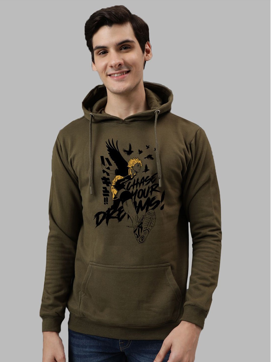 

ADRO Men Printed Hooded Pullover Sweatshirt, Olive