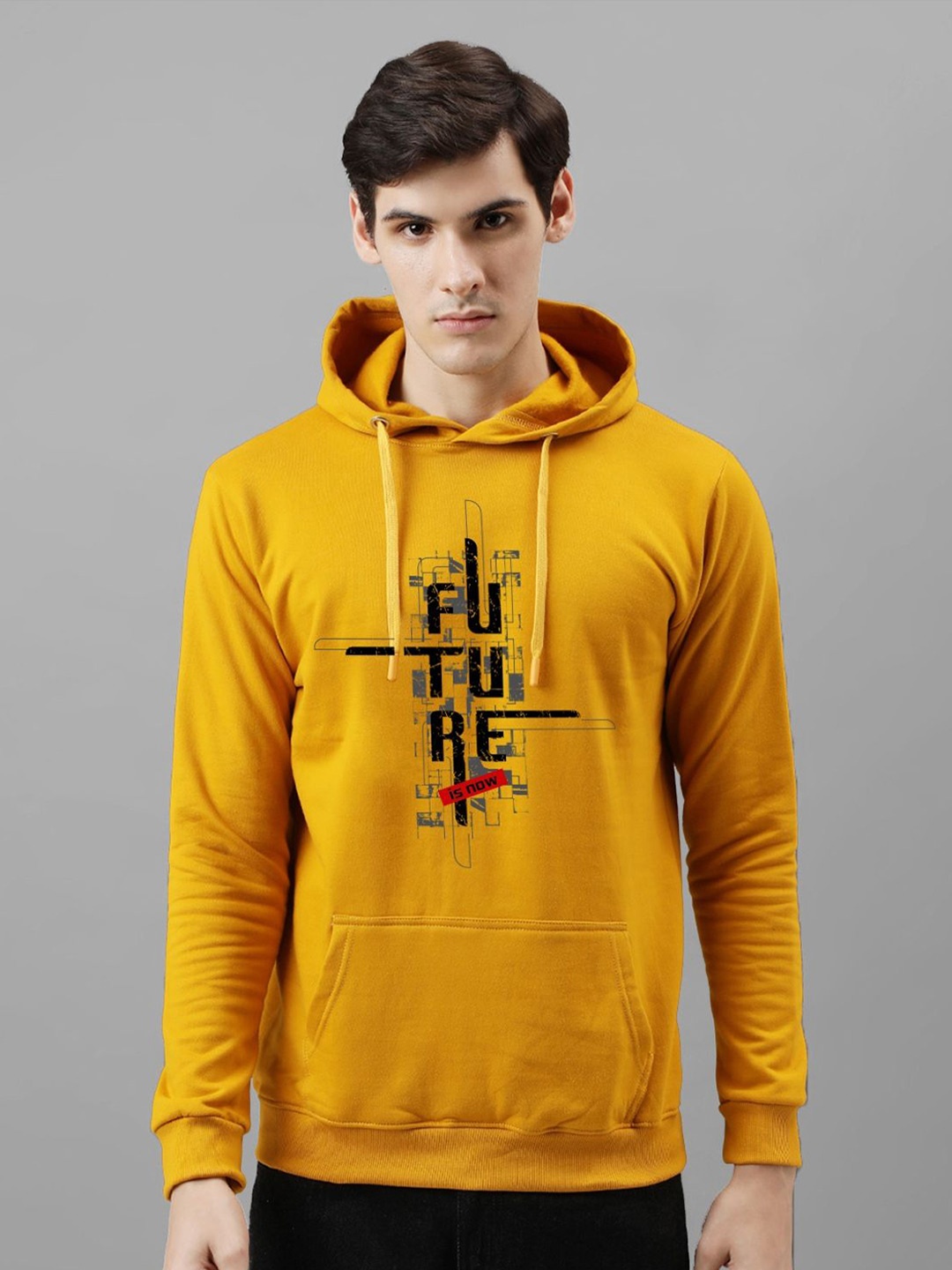 

ADRO Men Printed Hooded Sweatshirt, Mustard