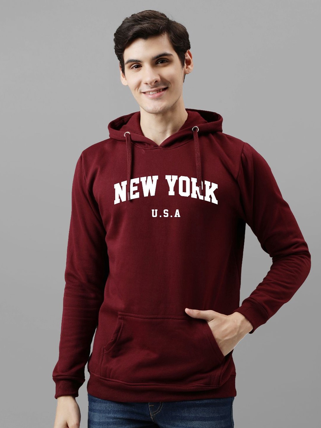 

ADRO Men Printed Alphanumeric Hooded Pullover Sweatshirt, Maroon