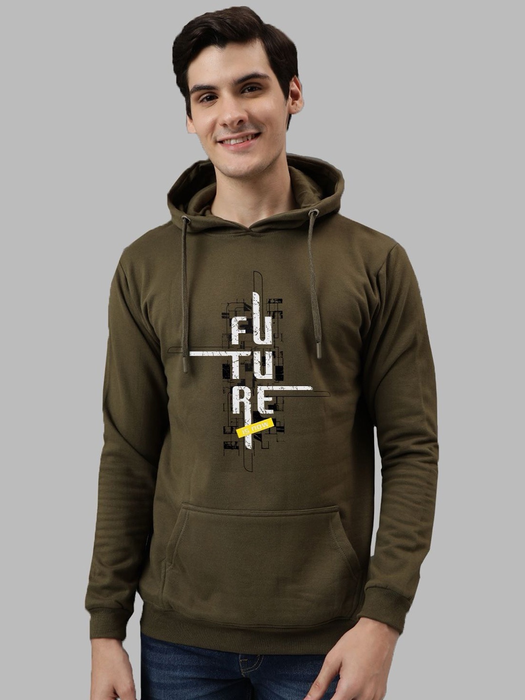 

ADRO Men Printed Hooded Sweatshirt, Olive