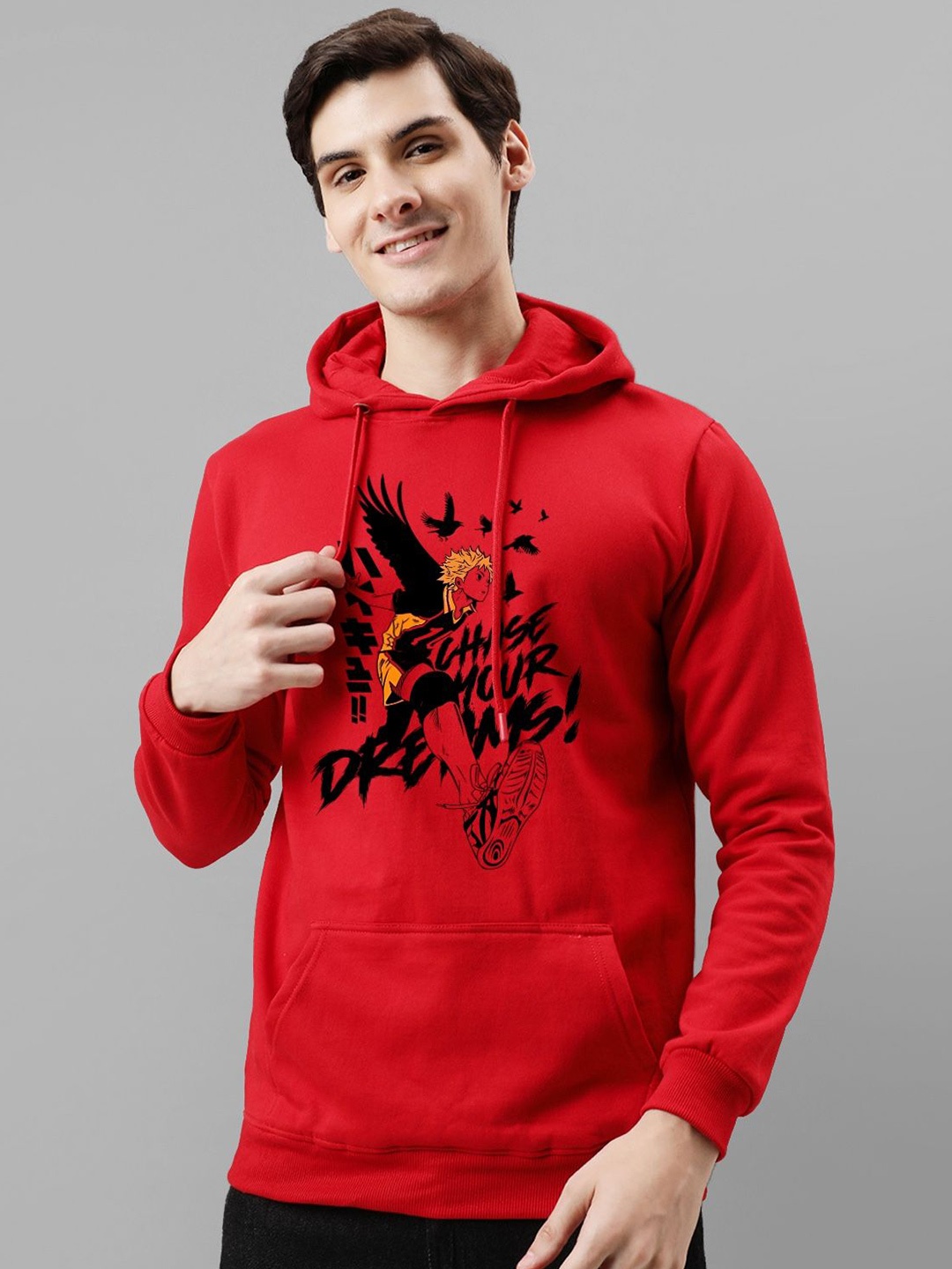 

ADRO Men Printed Hooded Pullover Sweatshirt, Red