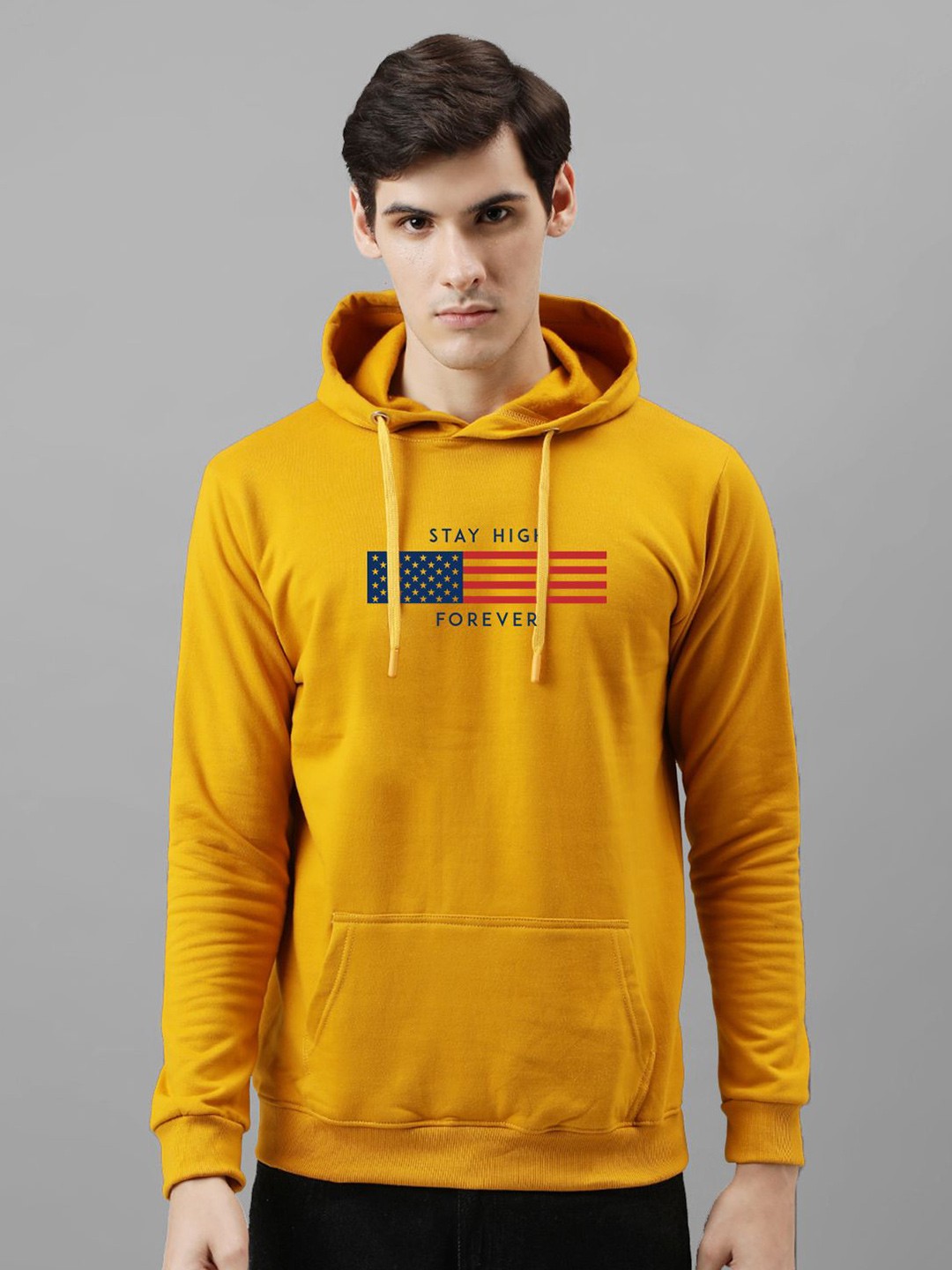 

ADRO Men Printed Hooded Pullover Sweatshirt, Mustard