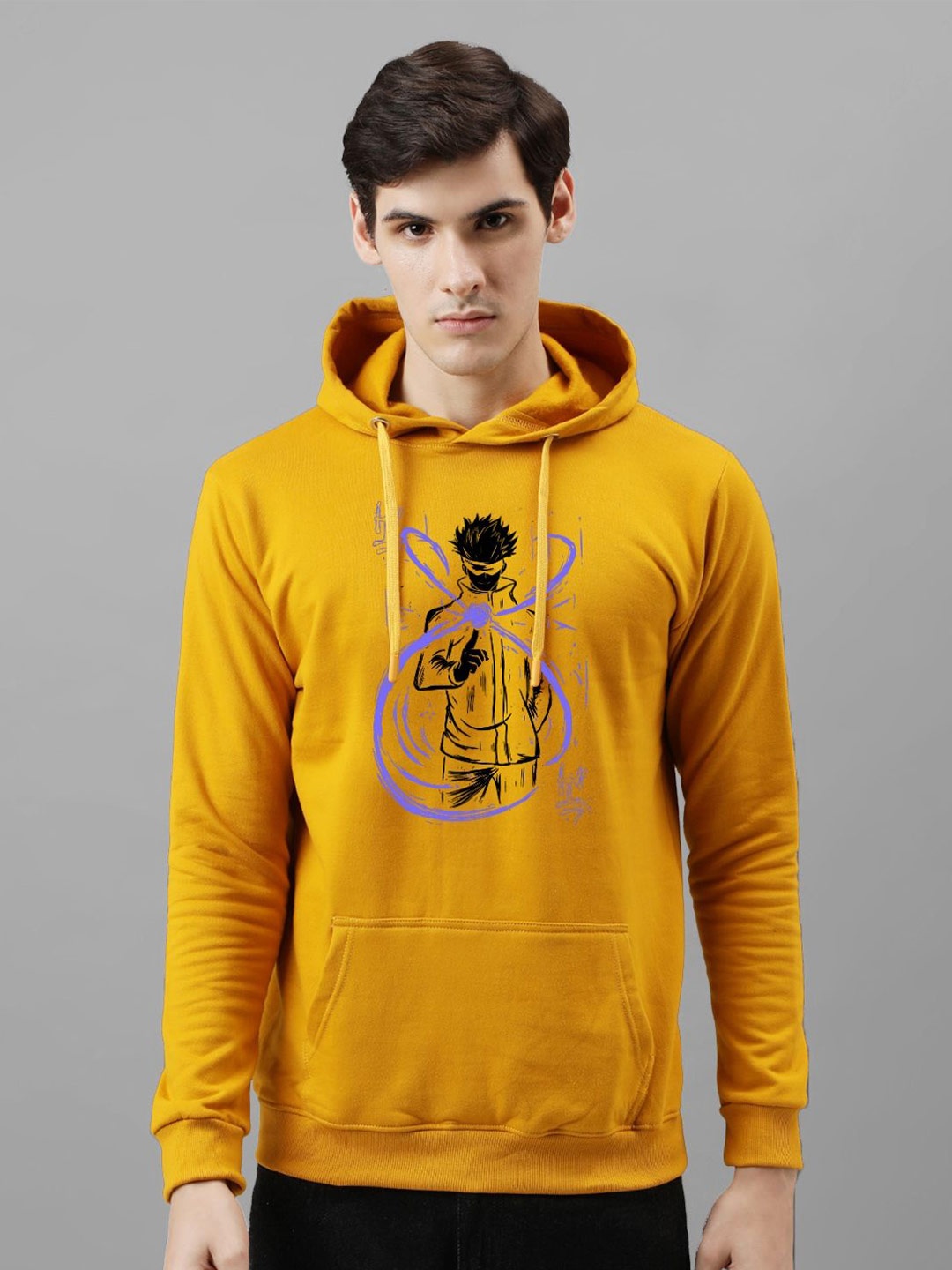 

ADRO Men Printed Hooded Pullover Sweatshirt, Mustard