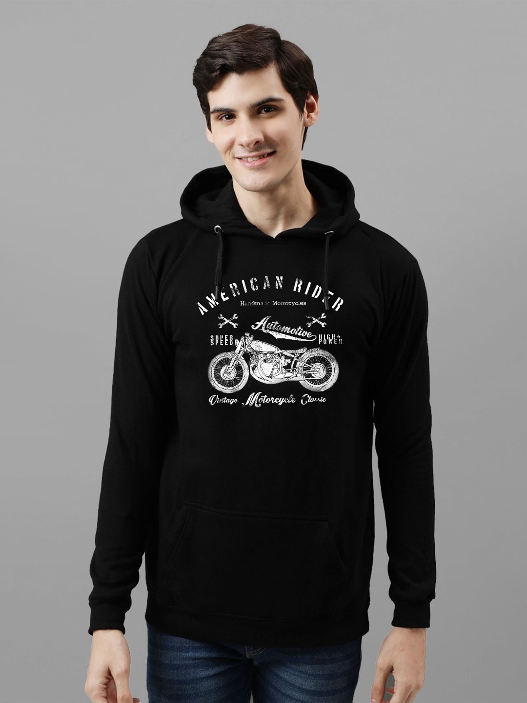 

ADRO Men Printed Hooded Pullover Sweatshirt, Black