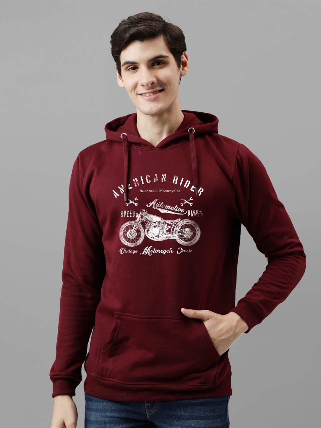

ADRO Men Printed Hooded Sweatshirt, Maroon