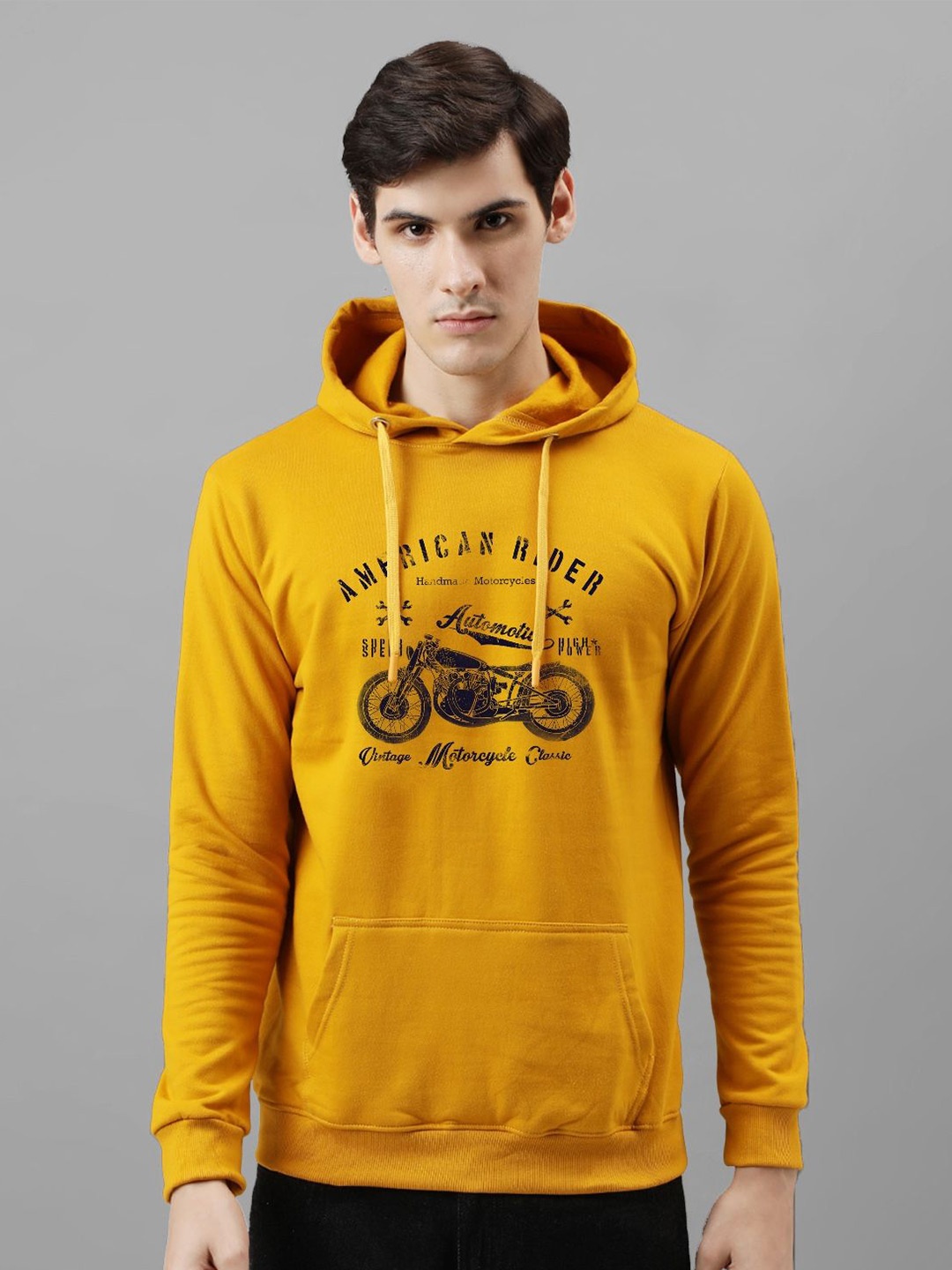 

ADRO Men Printed Hooded Pullover Sweatshirt, Mustard