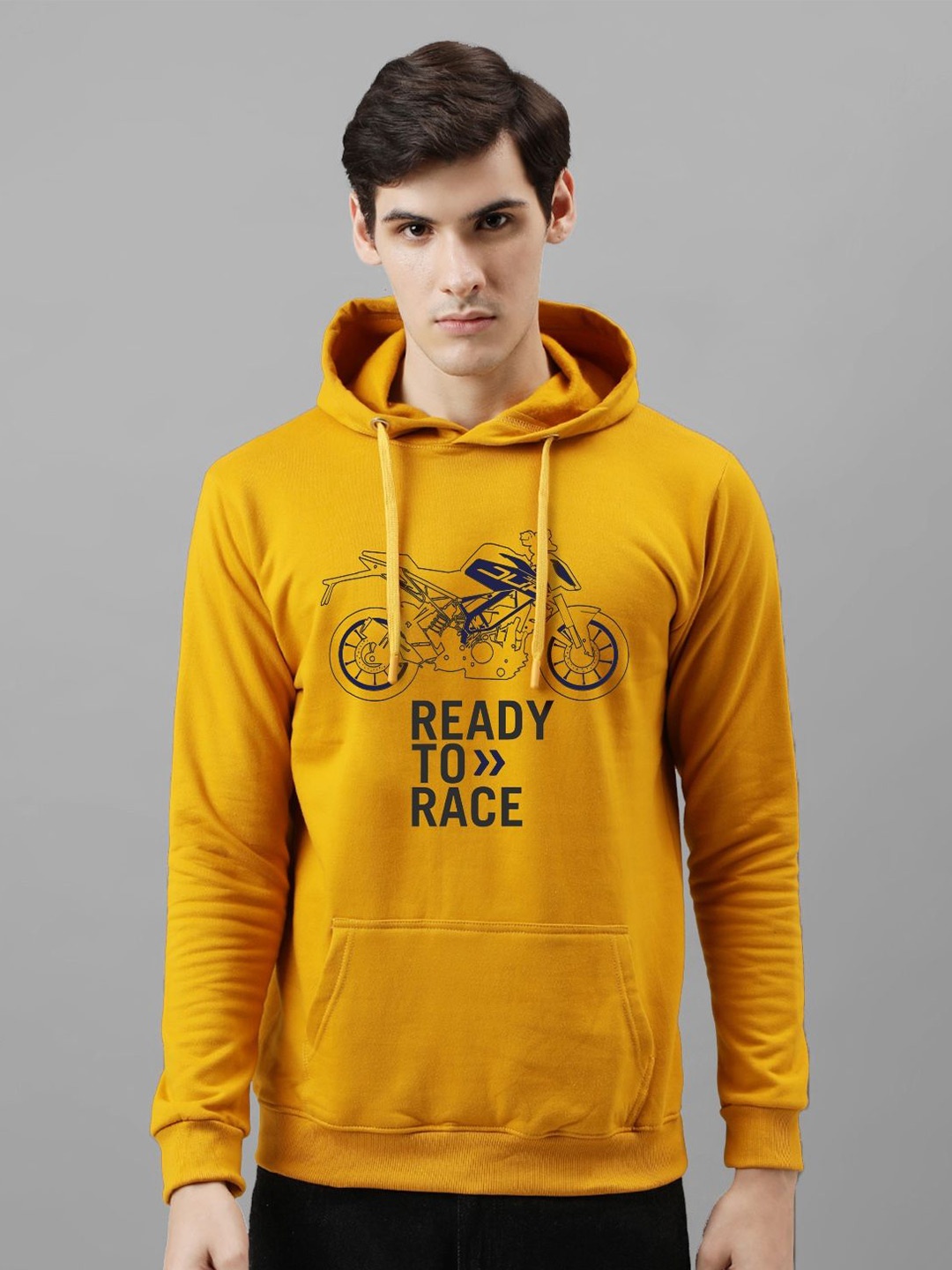 

ADRO Men Printed Hooded Pullover Sweatshirt, Mustard