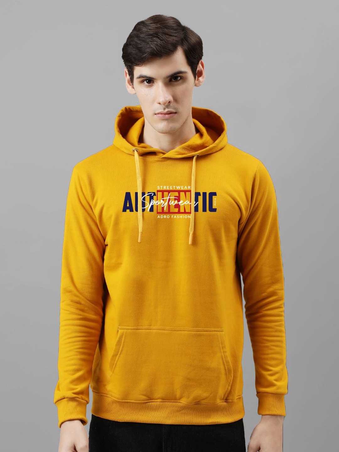 

ADRO Men Printed Hooded Sweatshirt, Mustard