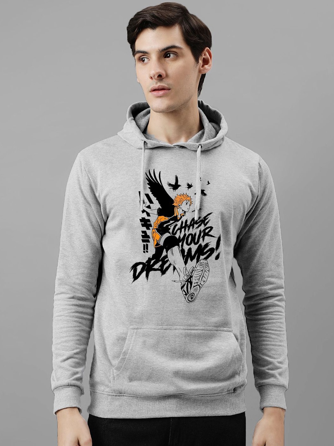 

ADRO Men Printed Hooded Pullover Sweatshirt, Grey