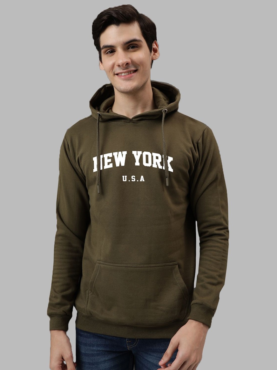 

ADRO Men Printed Hooded Pullover Sweatshirt, Olive