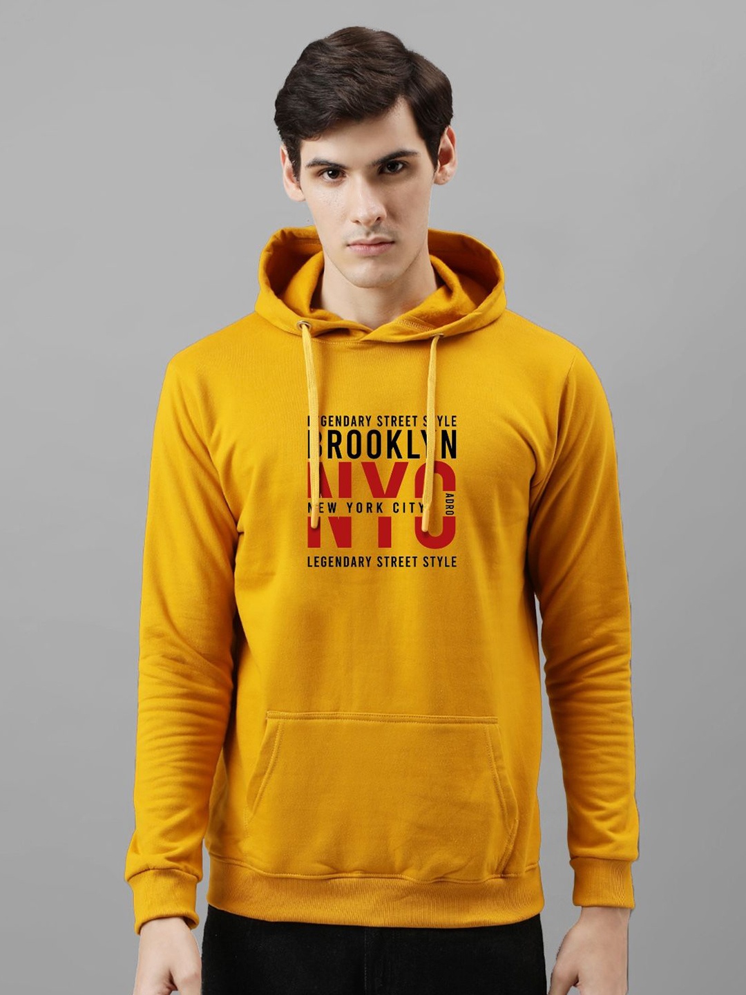 

ADRO Men Printed Hooded Pullover Sweatshirt, Mustard