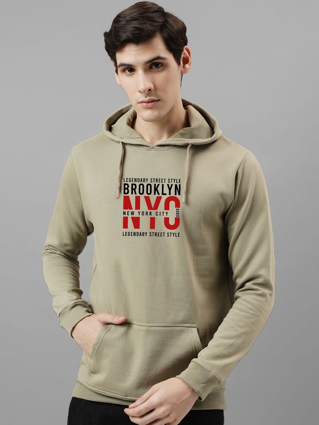 

ADRO Men Printed Hooded Long Sleeves Sweatshirt, Beige