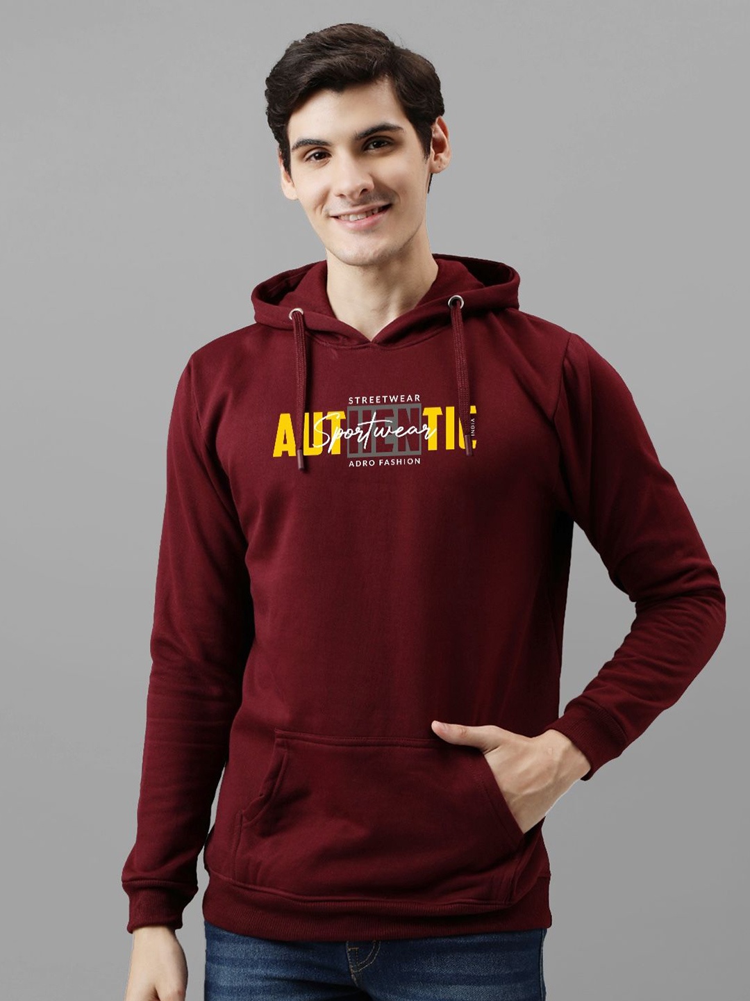 

ADRO Men Printed Hooded Sweatshirt, Maroon