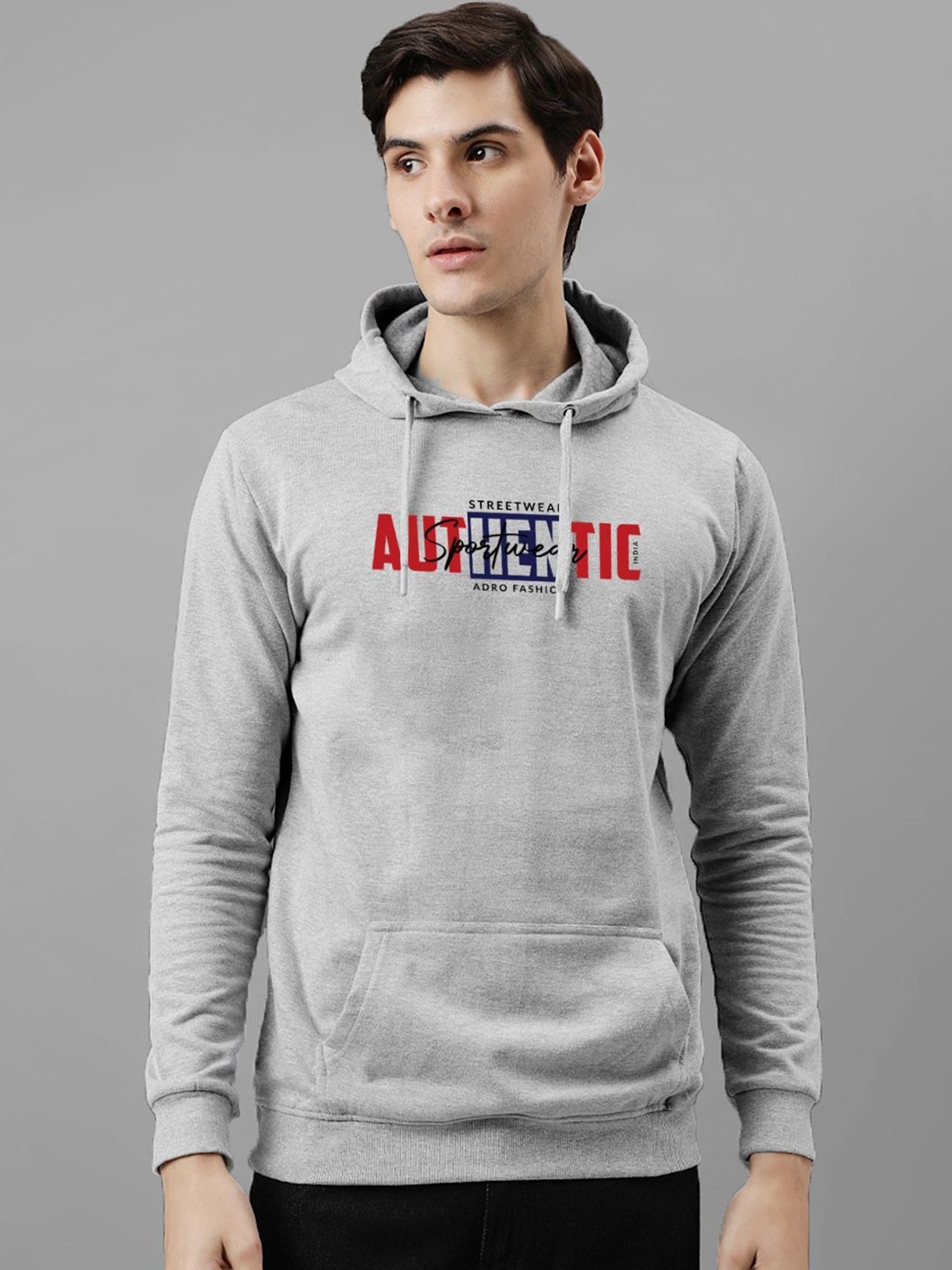 

ADRO Men Printed Hooded Sweatshirt, Grey