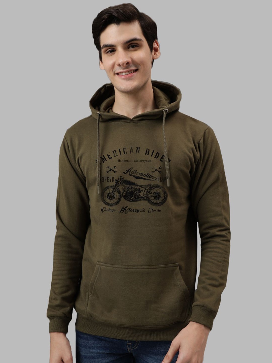 

ADRO Men Printed Hooded Pullover Sweatshirt, Olive