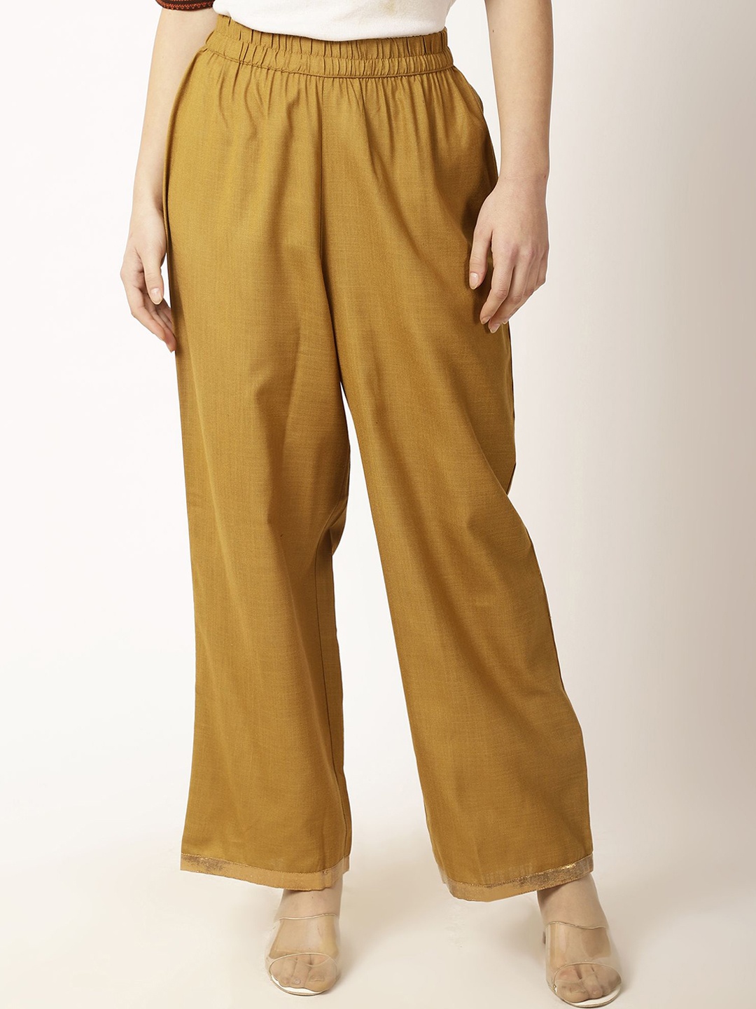 

Rue Collection Women Solid Comfort Flared Mid-Rise Parallel Trousers, Yellow
