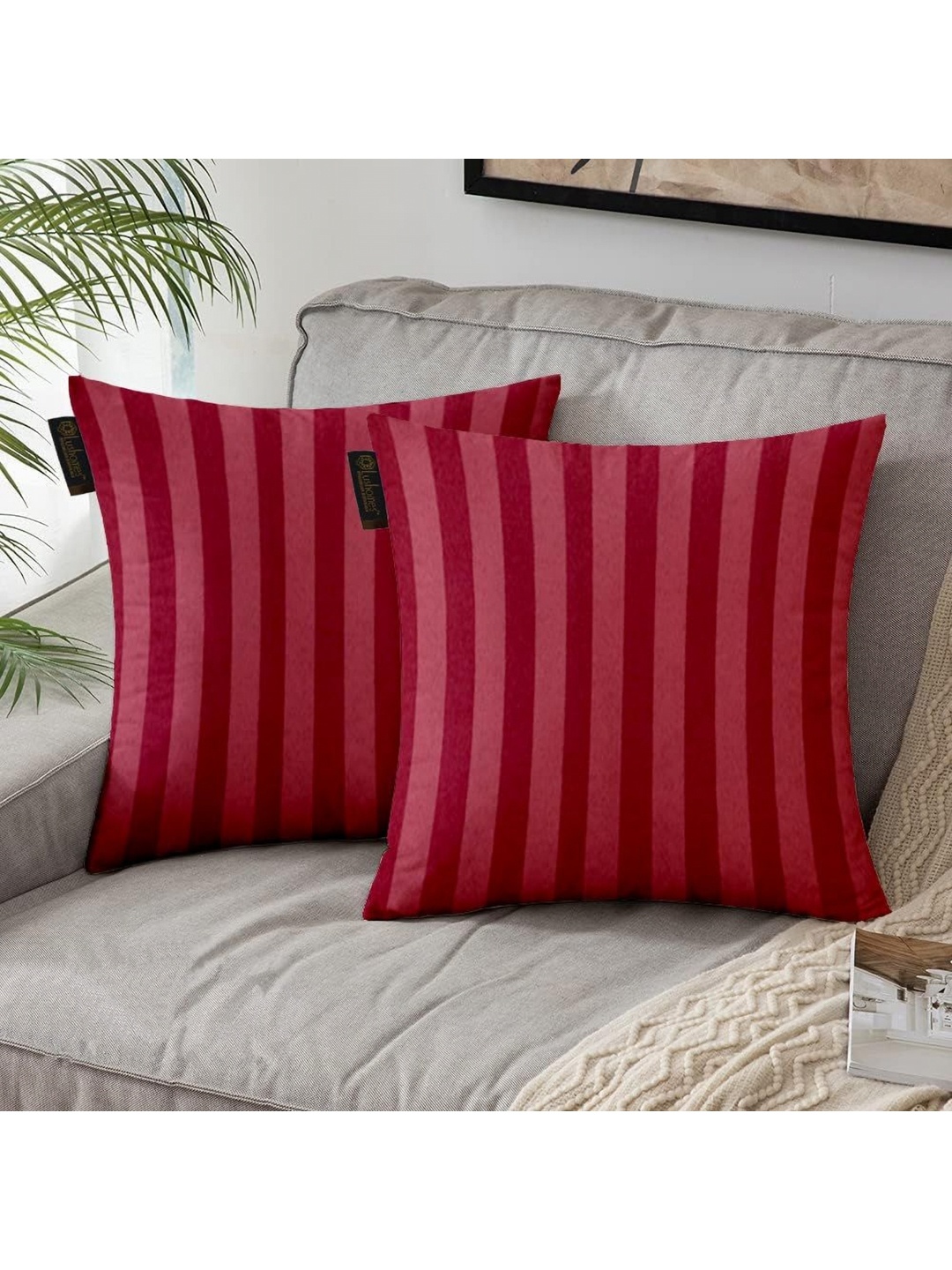 

Lushomes Maroon 2 Pieces Striped Square Cushion Covers