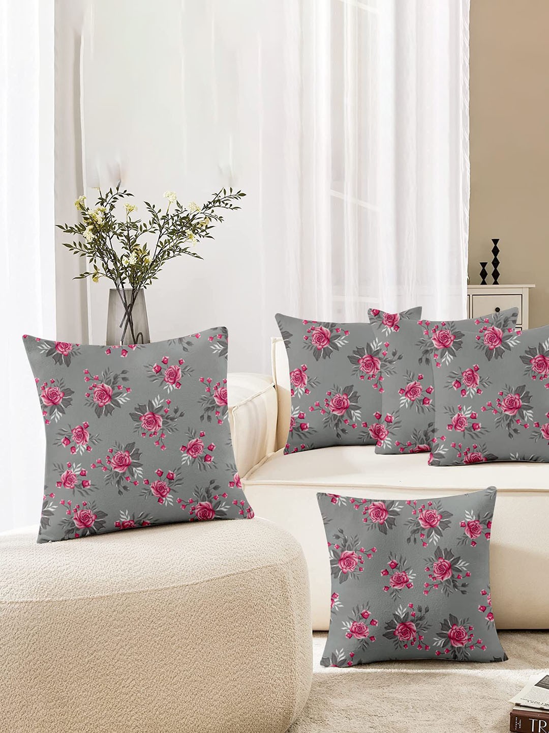 

Lushomes Grey & Pink 5 Pieces Floral Printed Square Cushion Covers