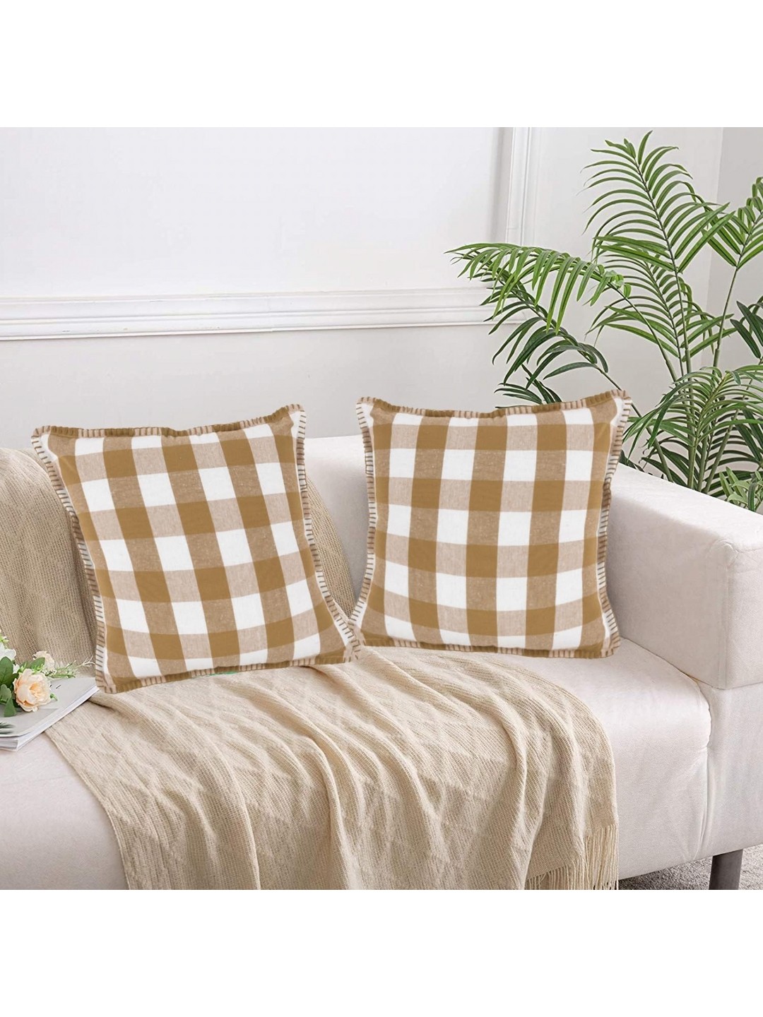 

Lushomes Beige & White 2 Pieces Checked Square Cushion Covers
