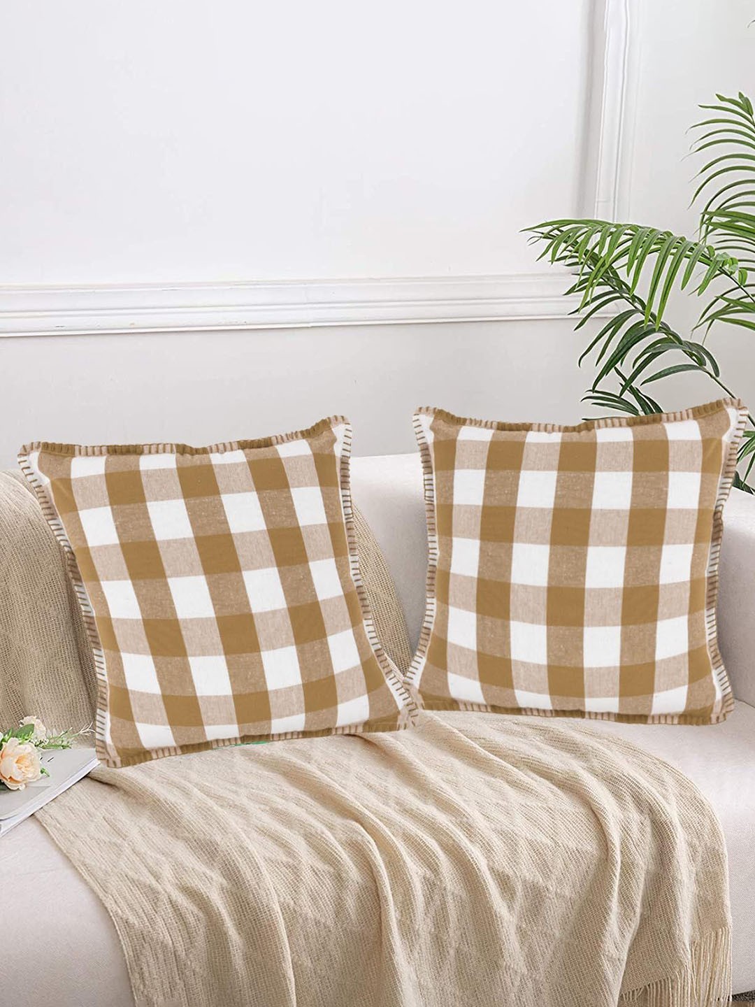 

Lushomes Beige & White 2 Pieces Checked Square Cushion Covers