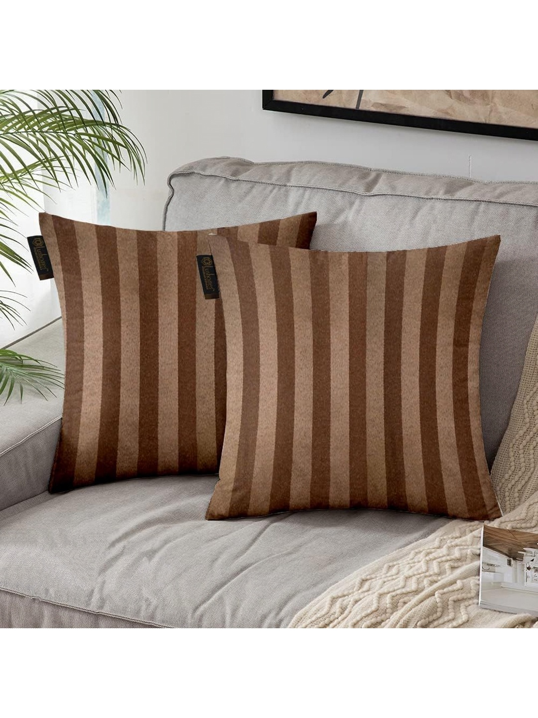 

Lushomes Brown 2 Pieces Striped Square Cushion Covers