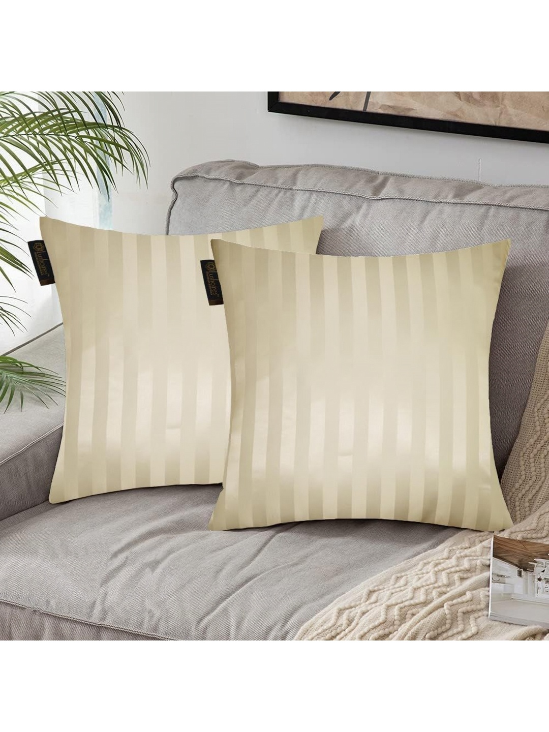 

Lushomes Cream-Coloured 2 Pieces Striped Square Cushion Covers