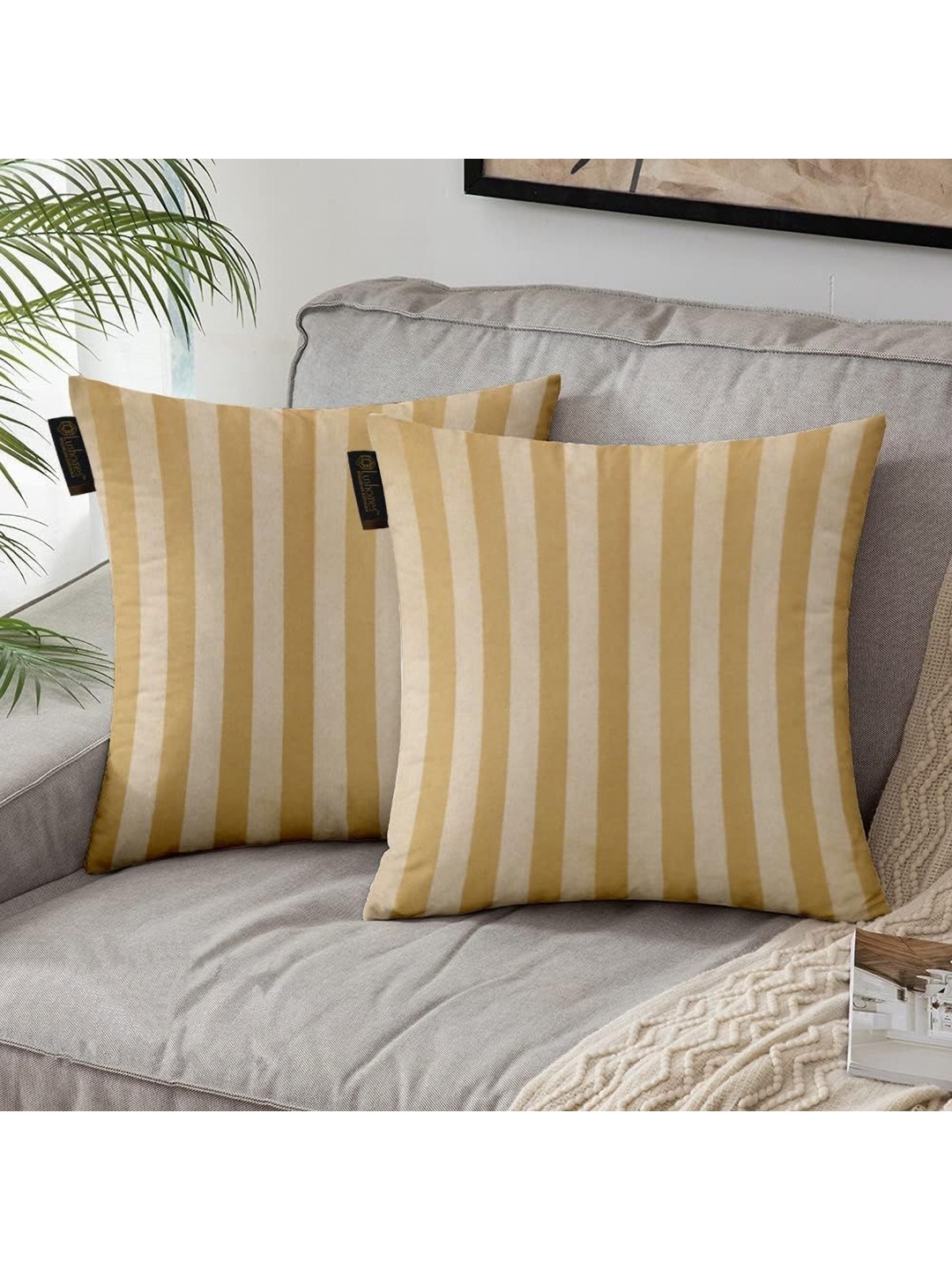 

Lushomes Beige 2 Pieces Striped Square Cushion Covers