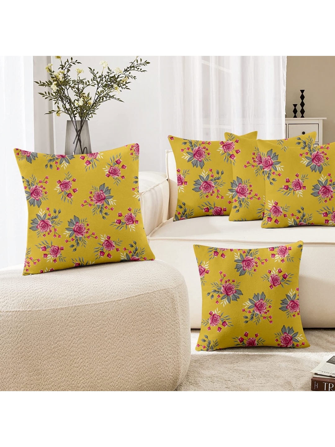 

Lushomes Yellow & Pink 5 Pieces Floral Square Cushion Covers