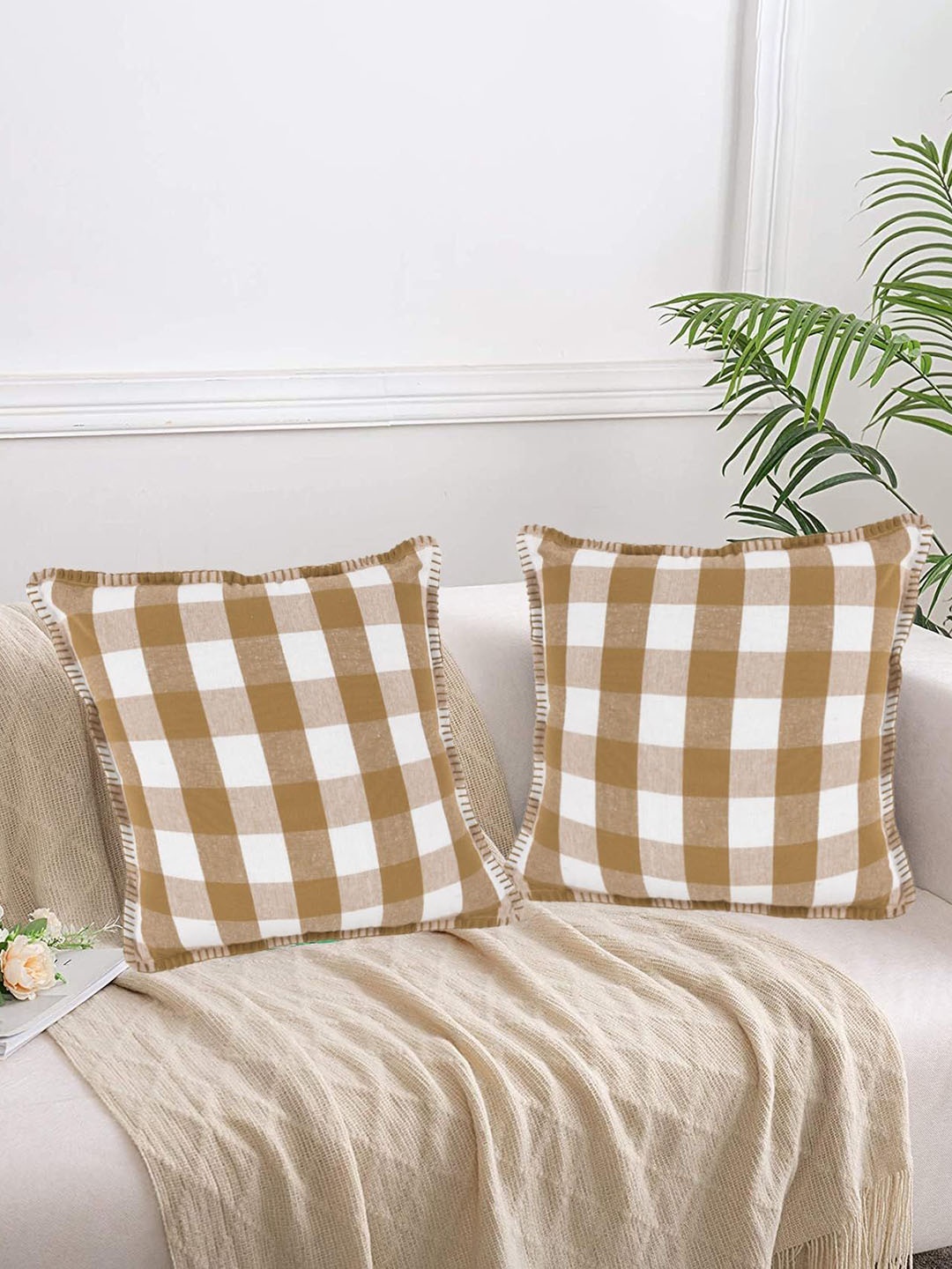 

Lushomes Beige & White 2 Pieces Checked Cotton Square Cushion Covers