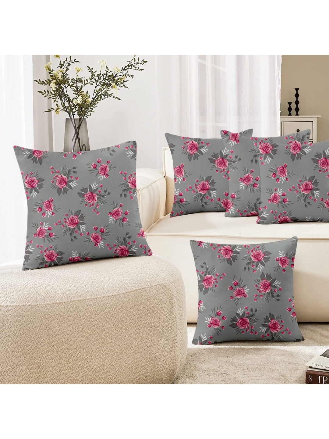 

Lushomes Grey & Pink 5 Pieces Floral Square Cushion Covers