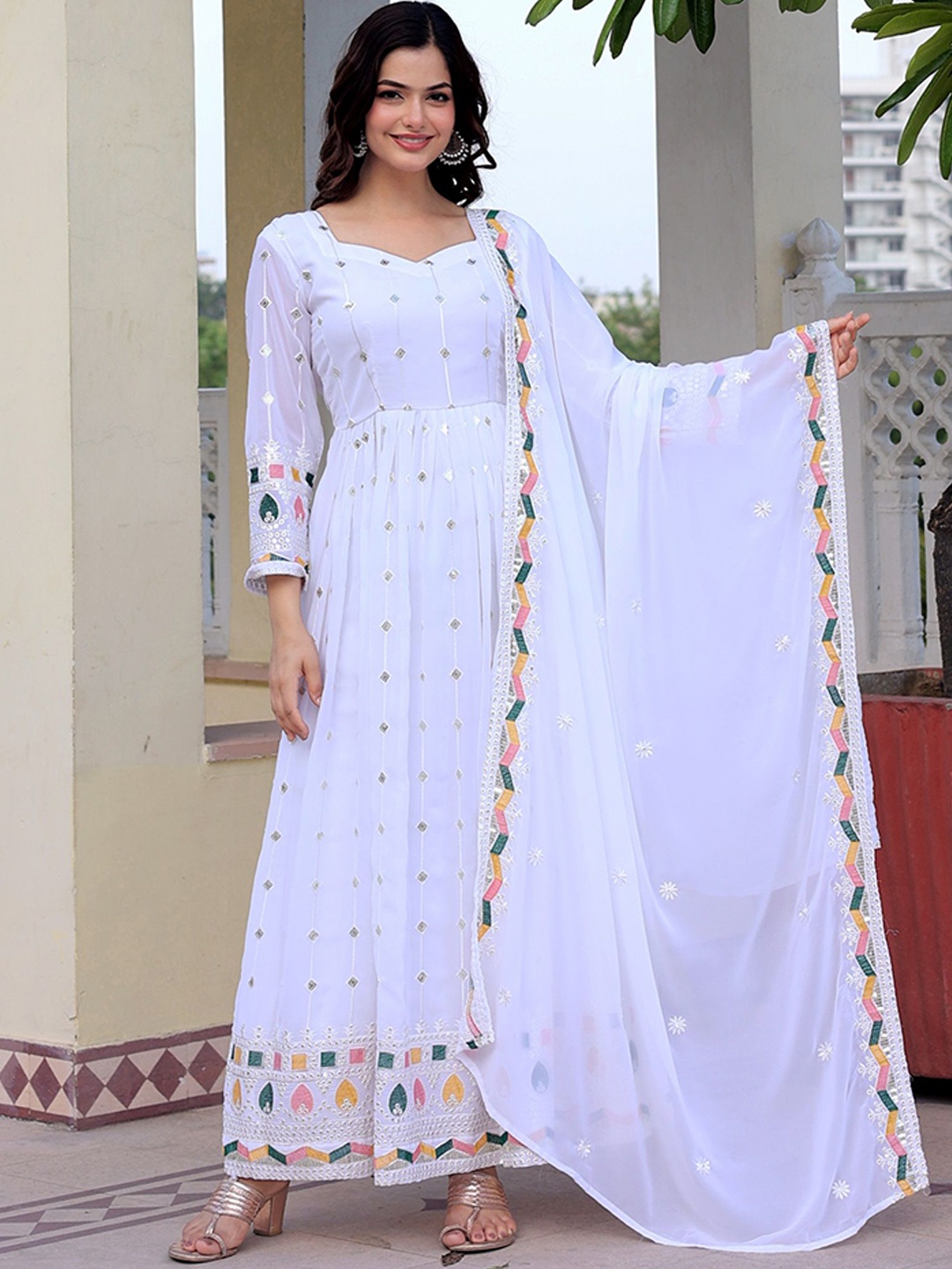 

KALINI Embroidered Maxi Ethnic Dresses With dupatta, White