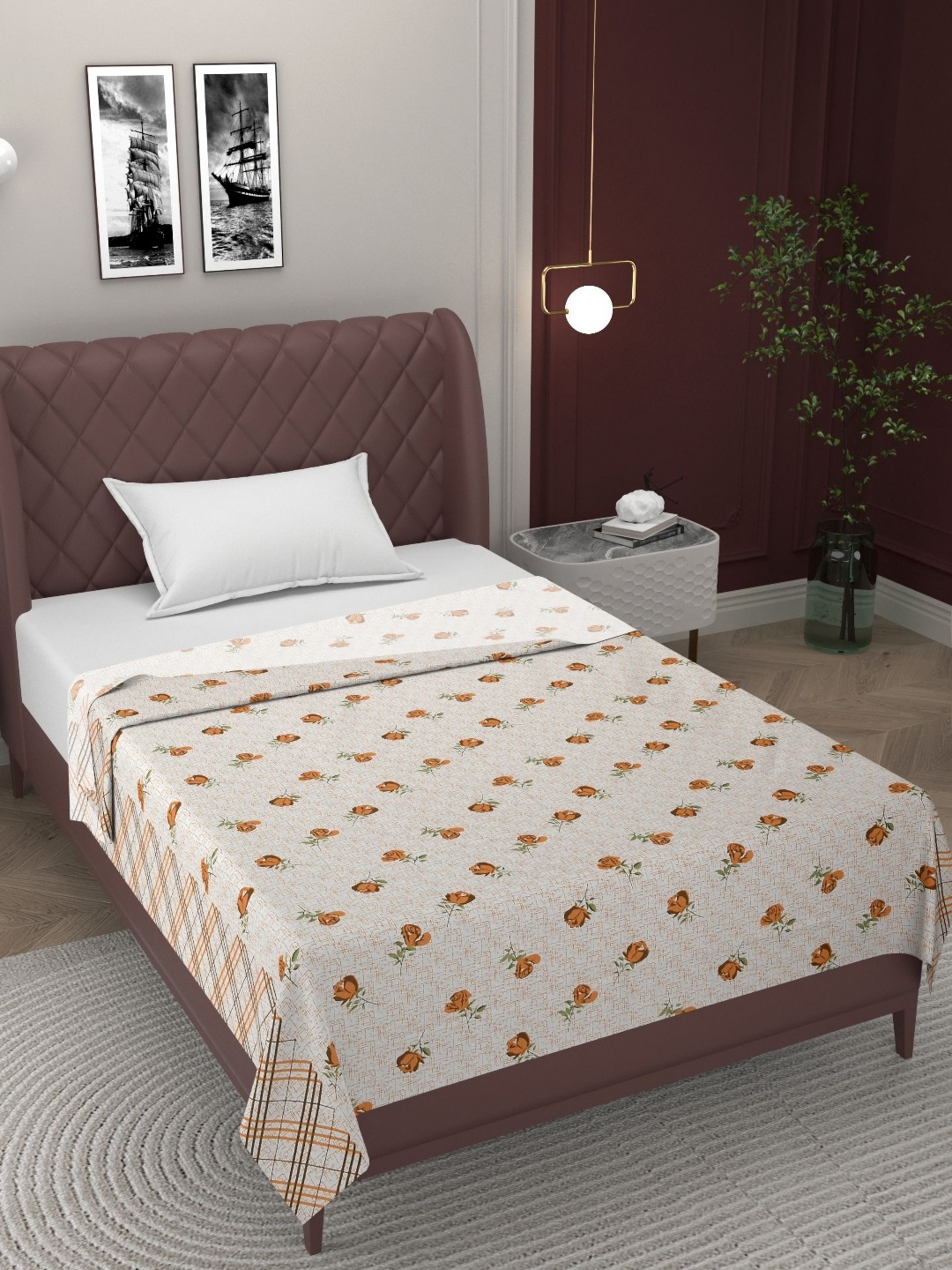 

BELVOSTUM White & Red Floral Printed 300 TC Pure Cotton 2 Single Bedsheet