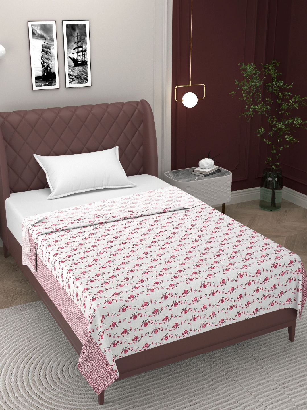 

BELVOSTUM White & Pink 2 Pieces Floral Pure Cotton 300 TC 2 Single Bedsheet