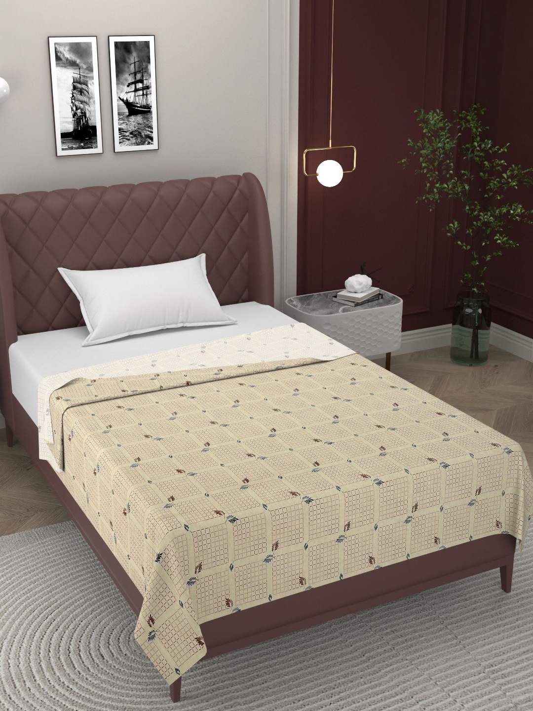 

BELVOSTUM Beige & Blue 2 Pieces Floral Pure Cotton 300 TC Single Bedsheet