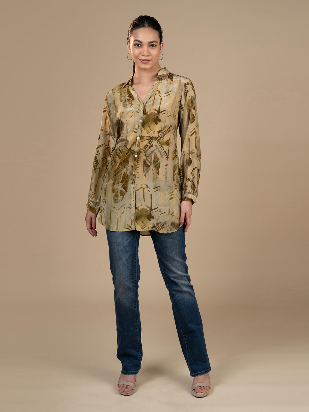 

House Of Dharaa Printed Shirt Collar Kurti, Green