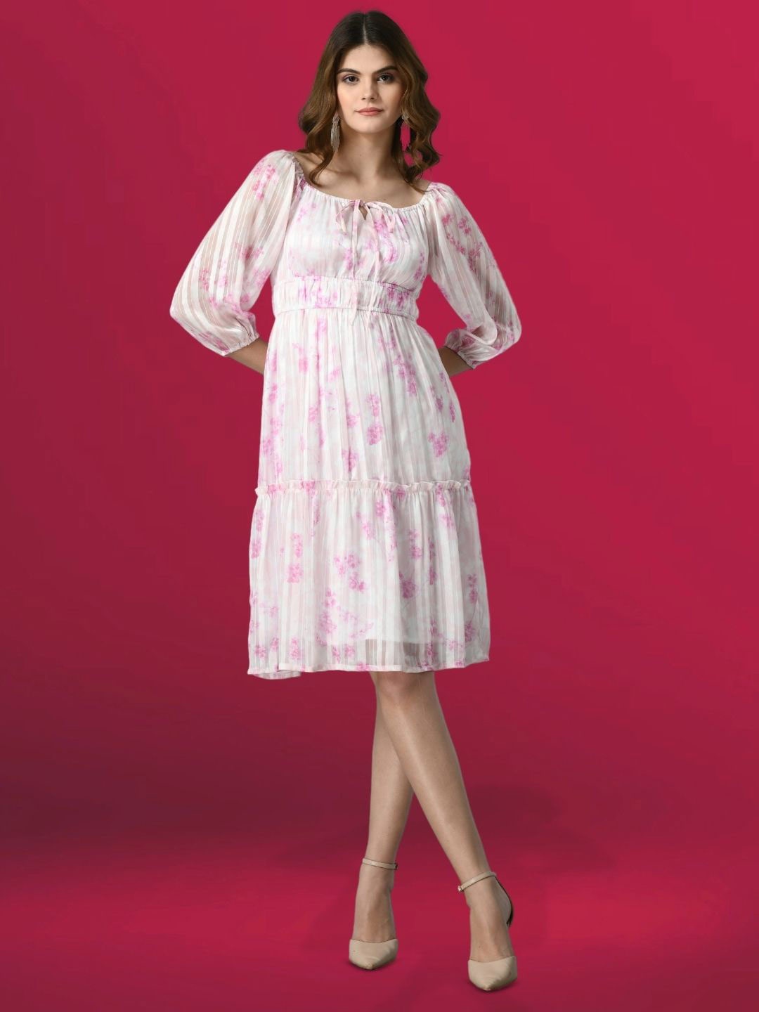 

all about you Women Floral Print Round Neck Knee Length Fit & Flare Dress, White