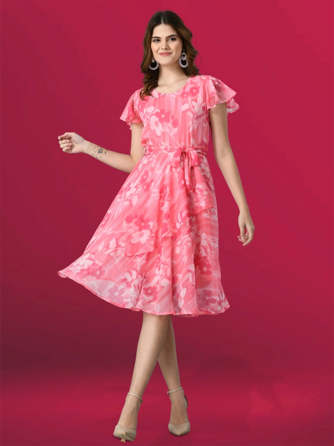 

all about you Women Floral Flutter Sleeve Fit and Flare Dress, Pink