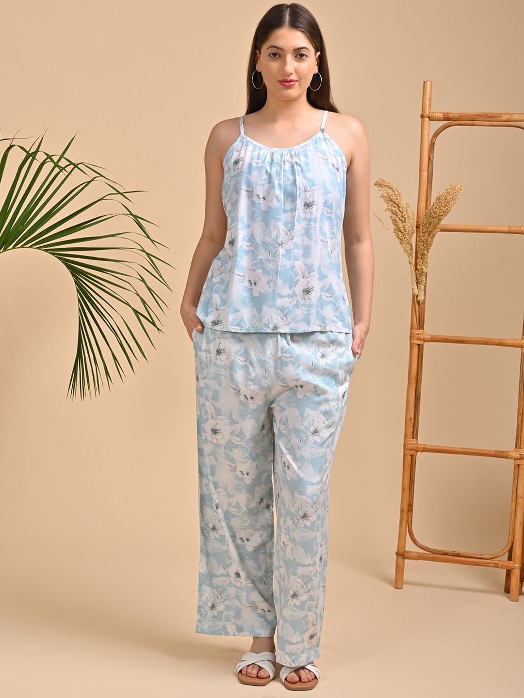 

GOLDSTROMS Floral Printed Shoulder Straps Top & Trousers, Blue