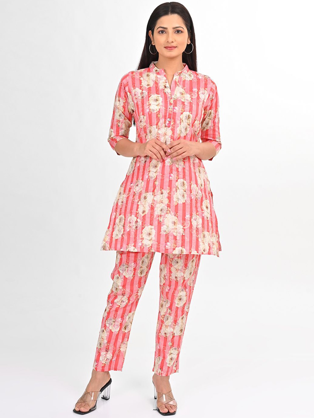

GOLDSTROMS Printed Mandarin Collar Tunic With Trousers, Peach