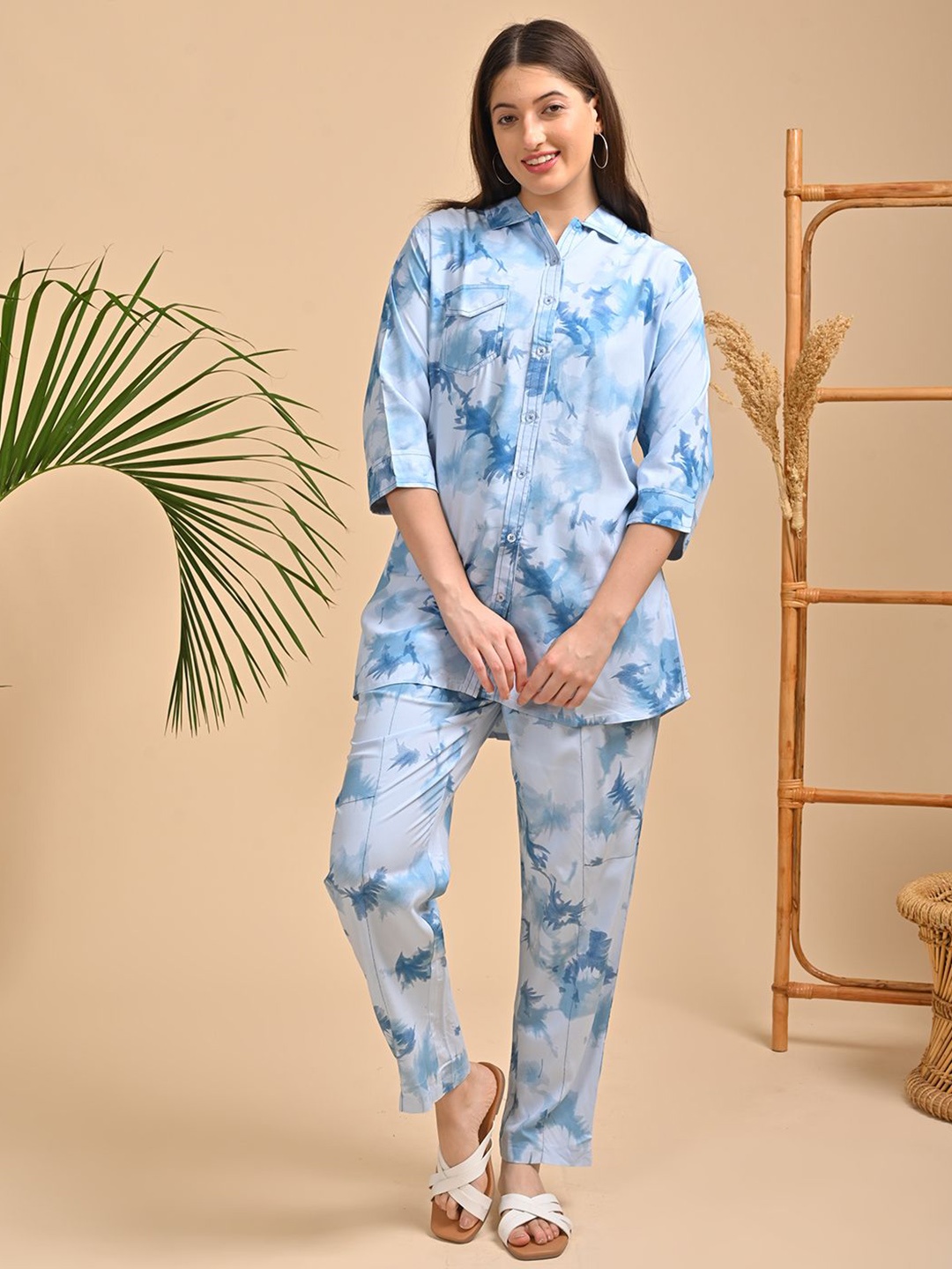 

GOLDSTROMS Abstract Printed Shirt Collar Tunic With Trousers, Blue