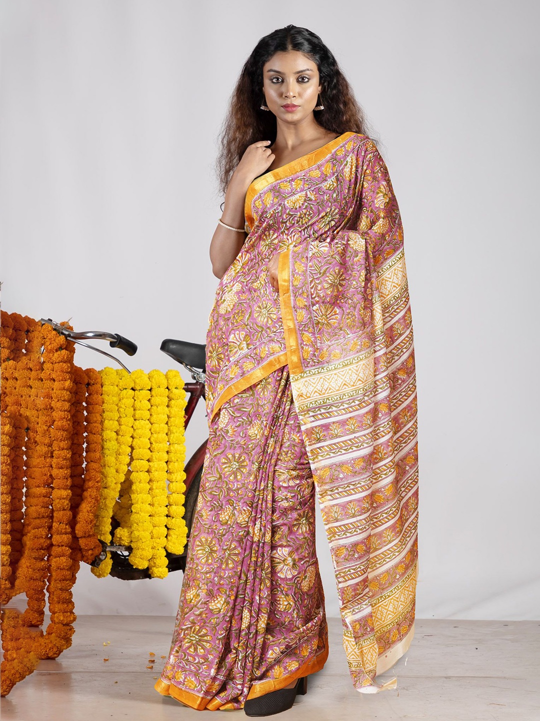 

Unnati Silks Floral Printed Pure Silk Handloom Chanderi Saree, Purple